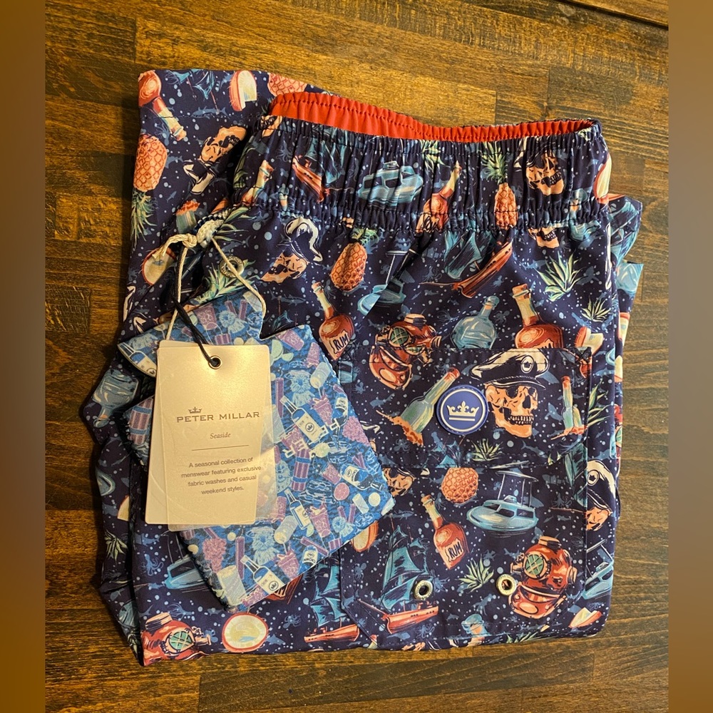 Peter Millar Swim Trunks Seaside Ship Face Print Blue Men’s Small NWT & Koozie